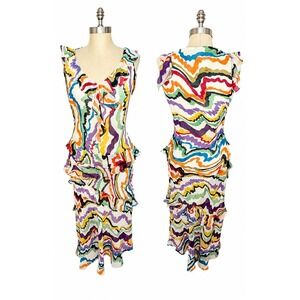 Anthropologie C. Keer Size 8 100% Silk Ruffle Midi Dress Artsy Abstract Print